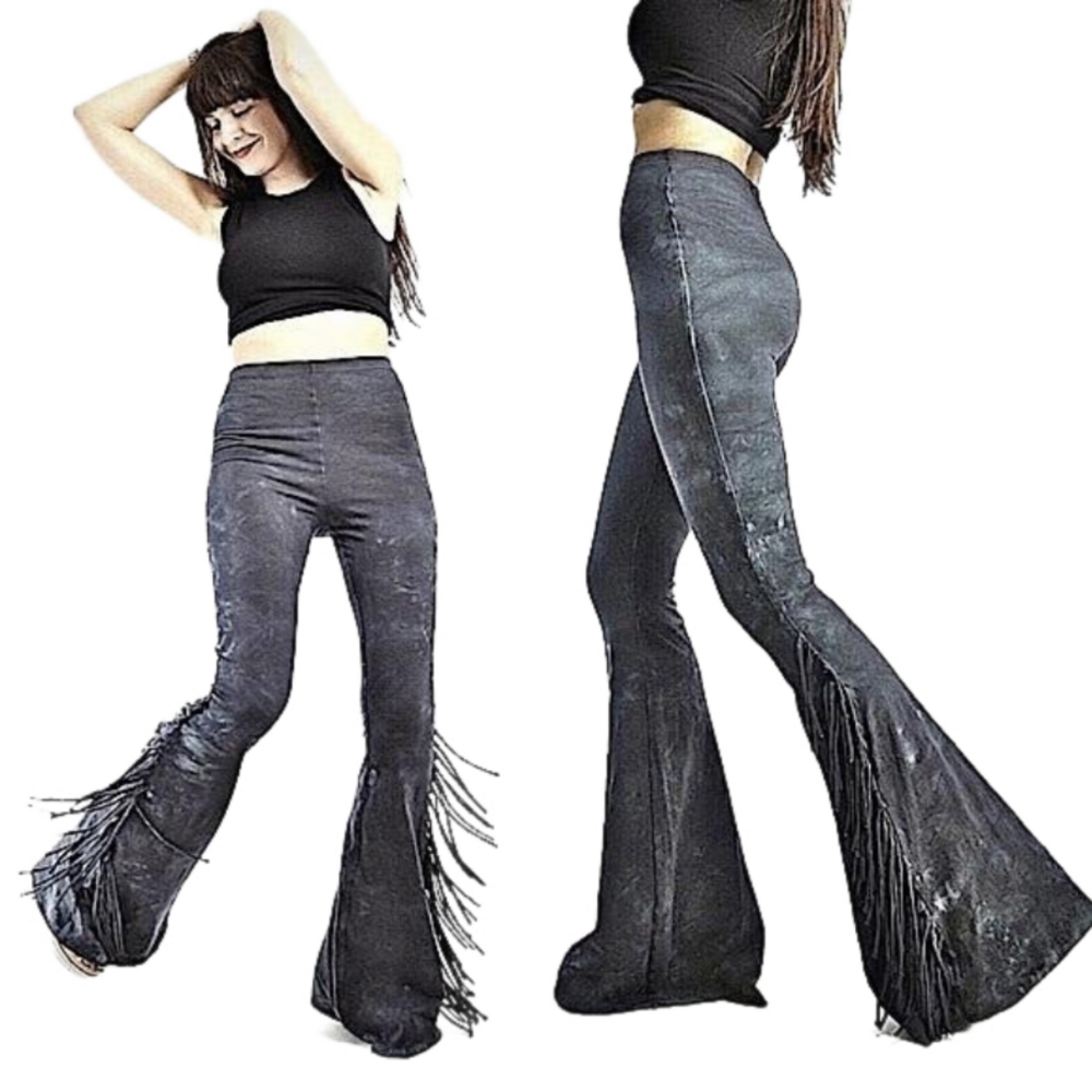 PETITE LENGTH Fringe Bell Bottoms - High Waisted Tie Dye Bell Bottom Flare Pants - Picture 2 of 8